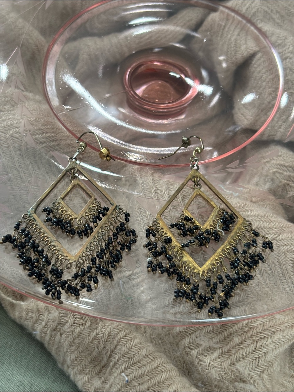 Black & Gold Beaded Dangle Earrings Like New